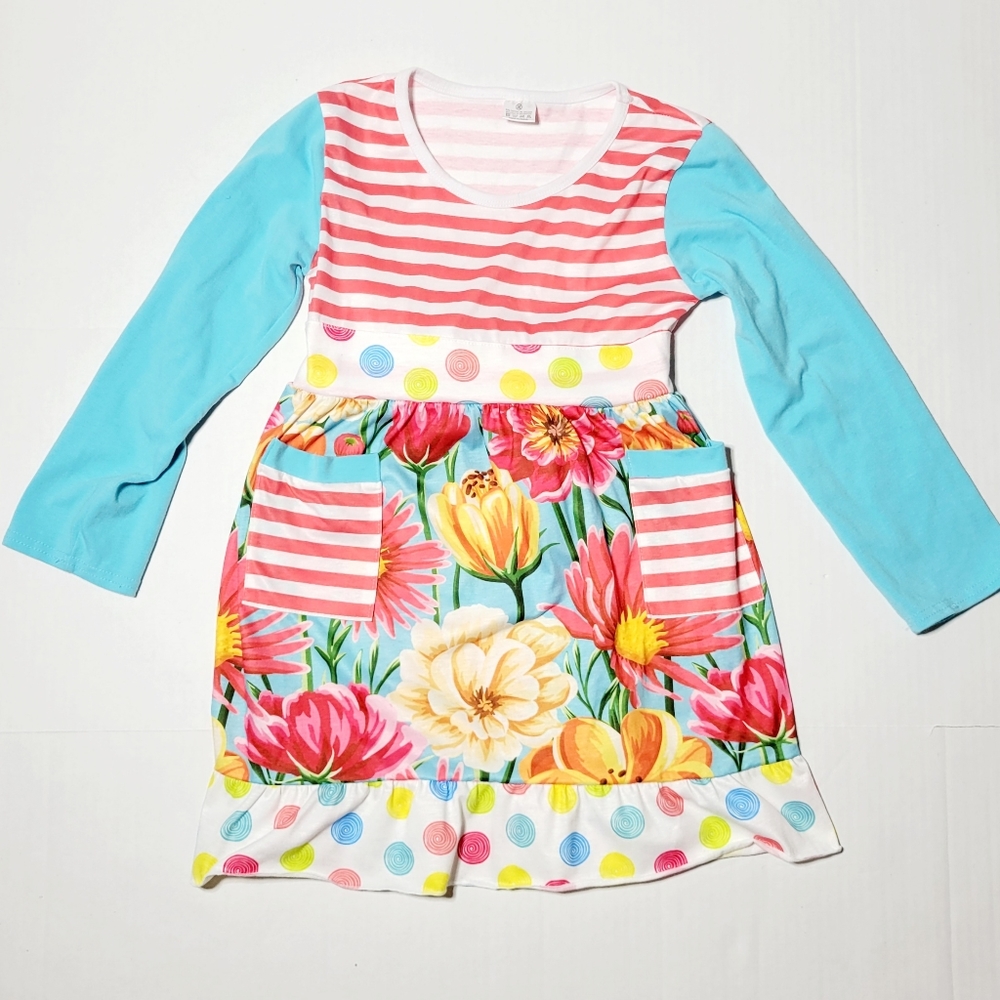 Girl's Floral, Polka Dot and Stripe Long Sleeve Dress.